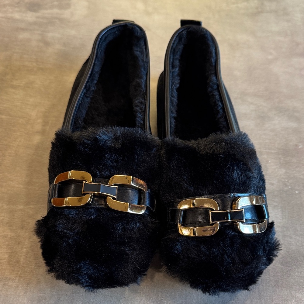 New Black Fur Loafers with Gold Accent size 35